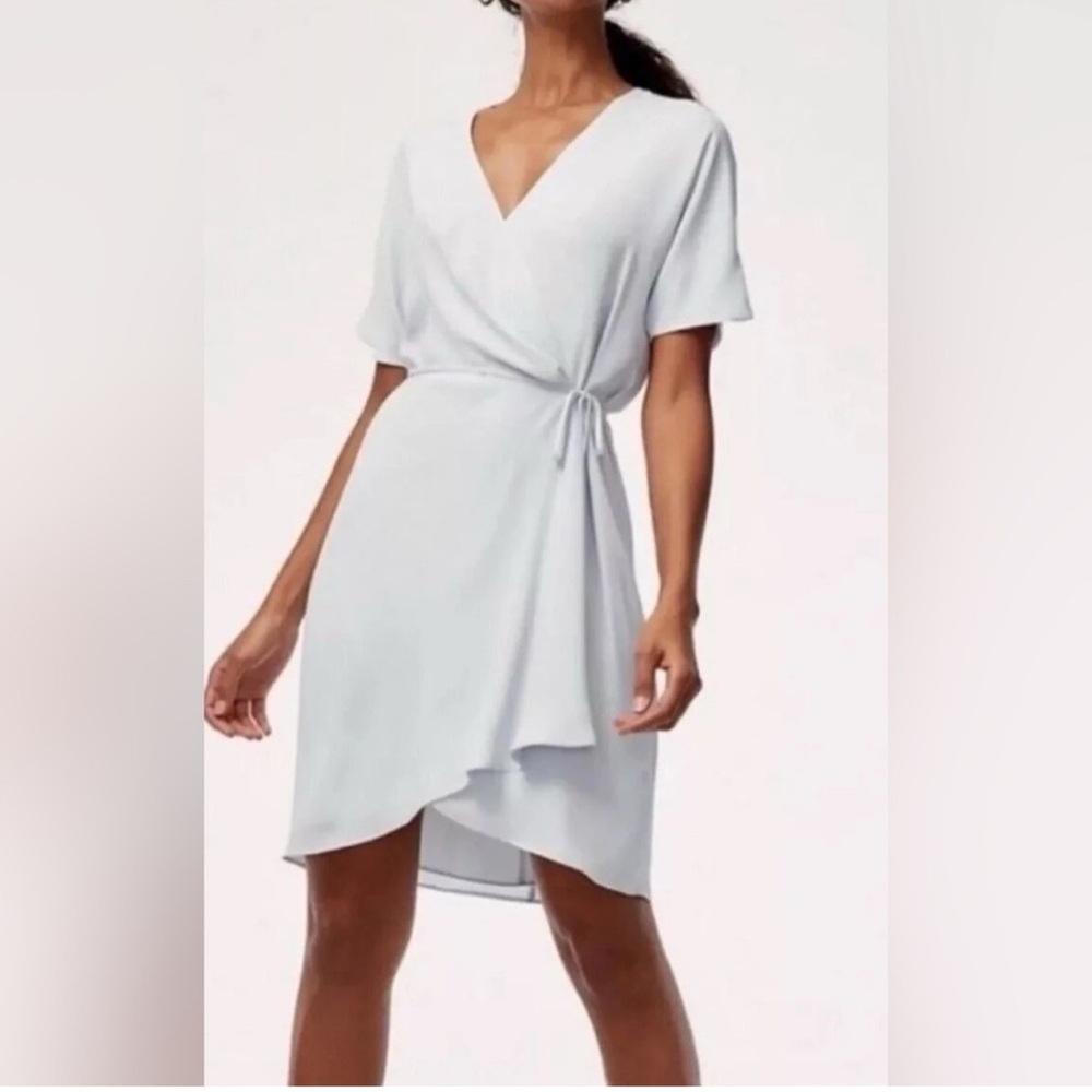 Aritzia Babaton Wallace Tie Waist Wrap Mini Dress Short Sleeve - Icy Blue Small